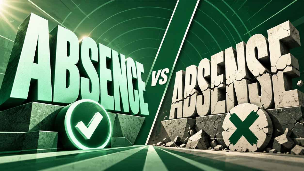 Giant 3D words ABSENCE with a check mark and ABSENSE with a cross facing off in a green poster