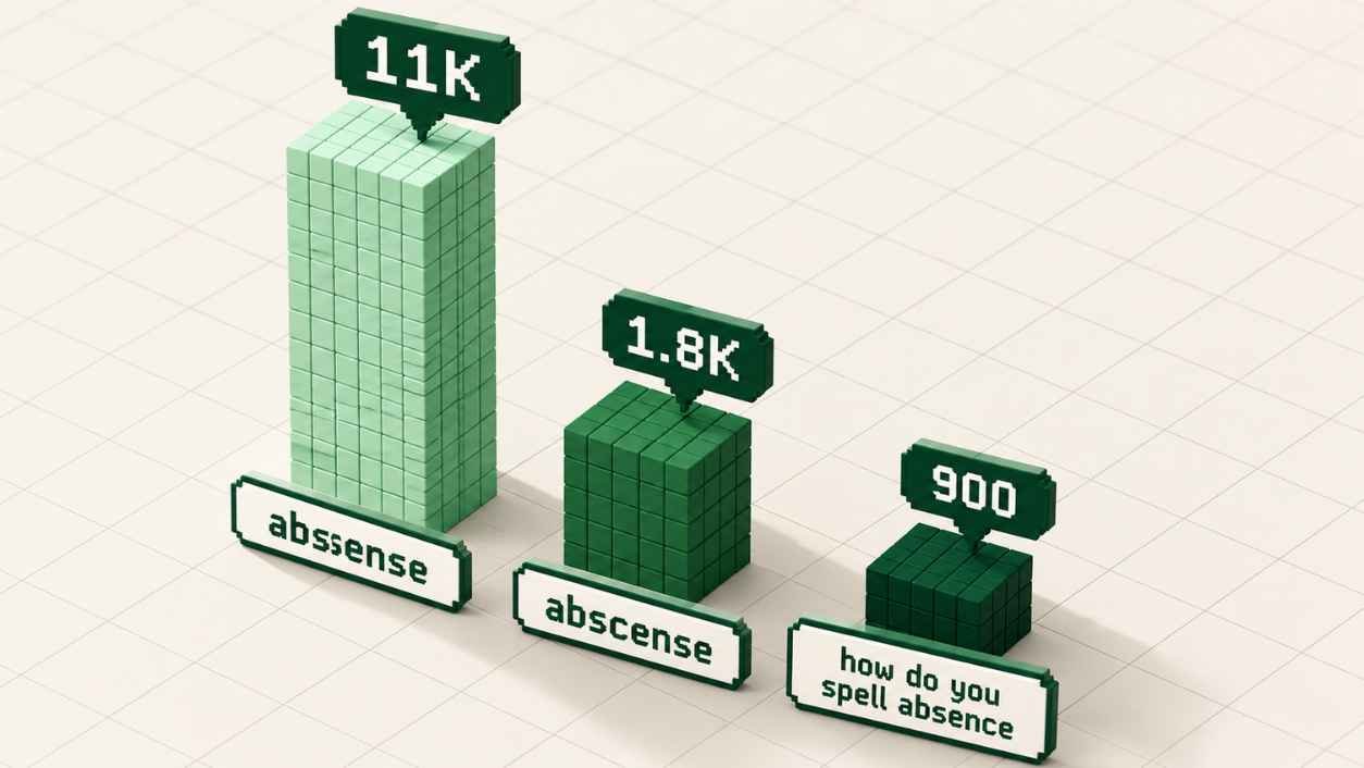 Isometric pixel-block bar chart showing absense searched far more than abscense or other spellings