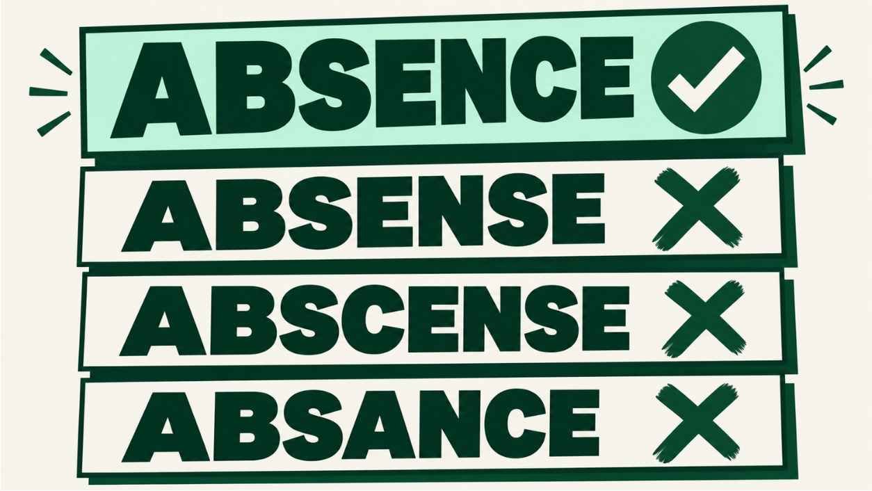 Poster stacking correct spelling absence with a check above wrong spellings crossed out