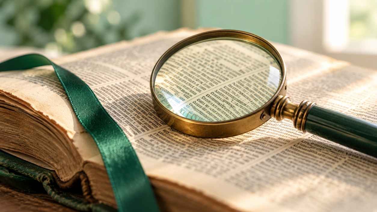 Brass magnifying glass over an old Latin dictionary page with a forest green ribbon bookmark