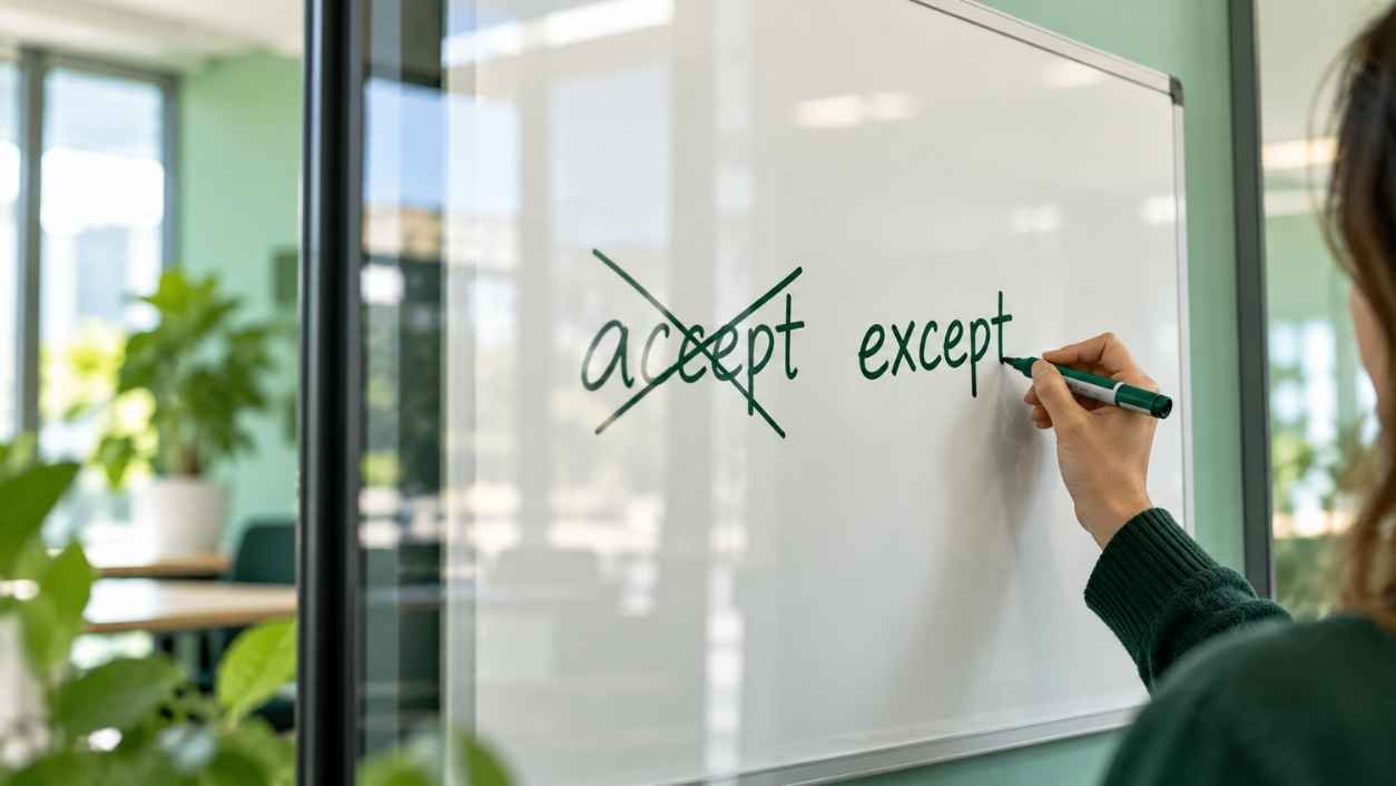 Hand using a forest green marker to cross out one word and write a corrected word on a whiteboard