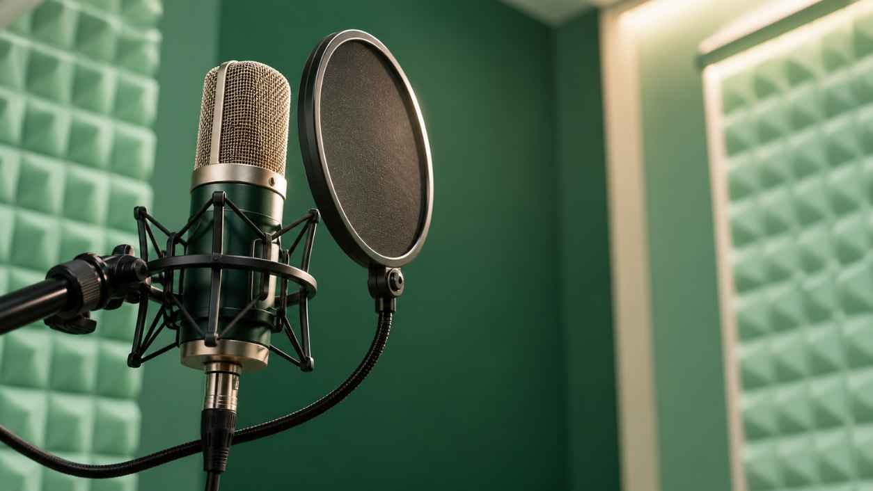 Studio condenser microphone with a pop filter inside a booth with mint green acoustic panels