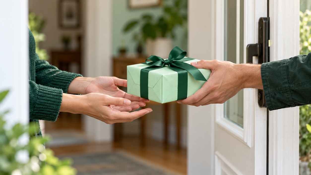 Two hands passing a mint green gift box tied with a forest green ribbon across a doorway