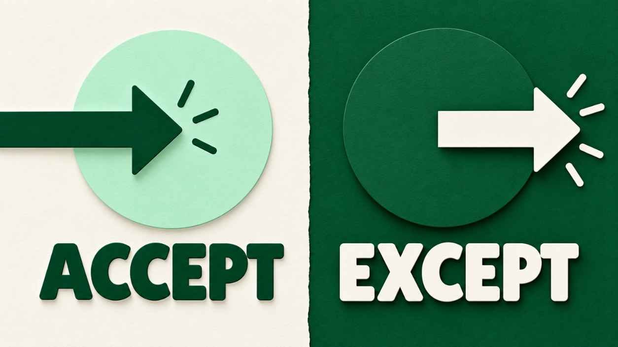 Flat illustration of one arrow entering a circle and another arrow leaving a second circle, labeled ACCEPT and EXCEPT