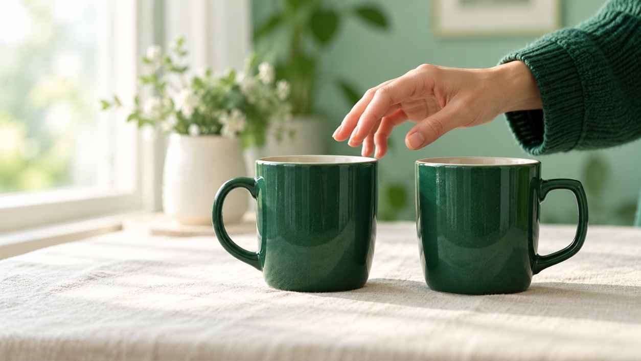 Hand hovering between two nearly identical forest green ceramic mugs on an off white linen surface
