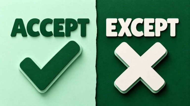 Layered paper cut artwork with the words ACCEPT and EXCEPT, a paper checkmark on the left and a paper X on the right