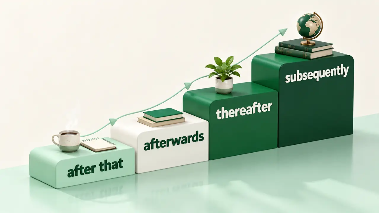 Isometric 3D steps labeled afterwards, after that, thereafter and subsequently rising in forest green and mint