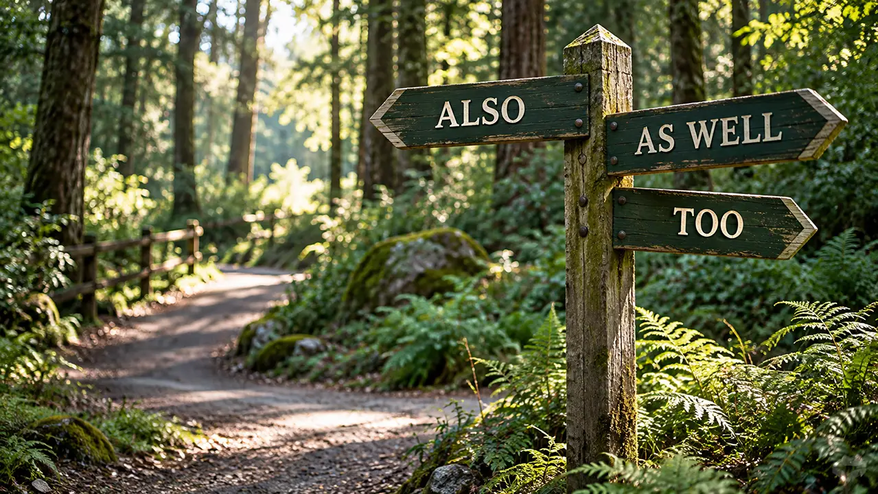 Wooden trail signpost at a forest fork with three arms labeled ALSO, AS WELL, and TOO