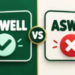 Two word cards facing off, “AS WELL” with a green check and “ASWELL” with a red cross