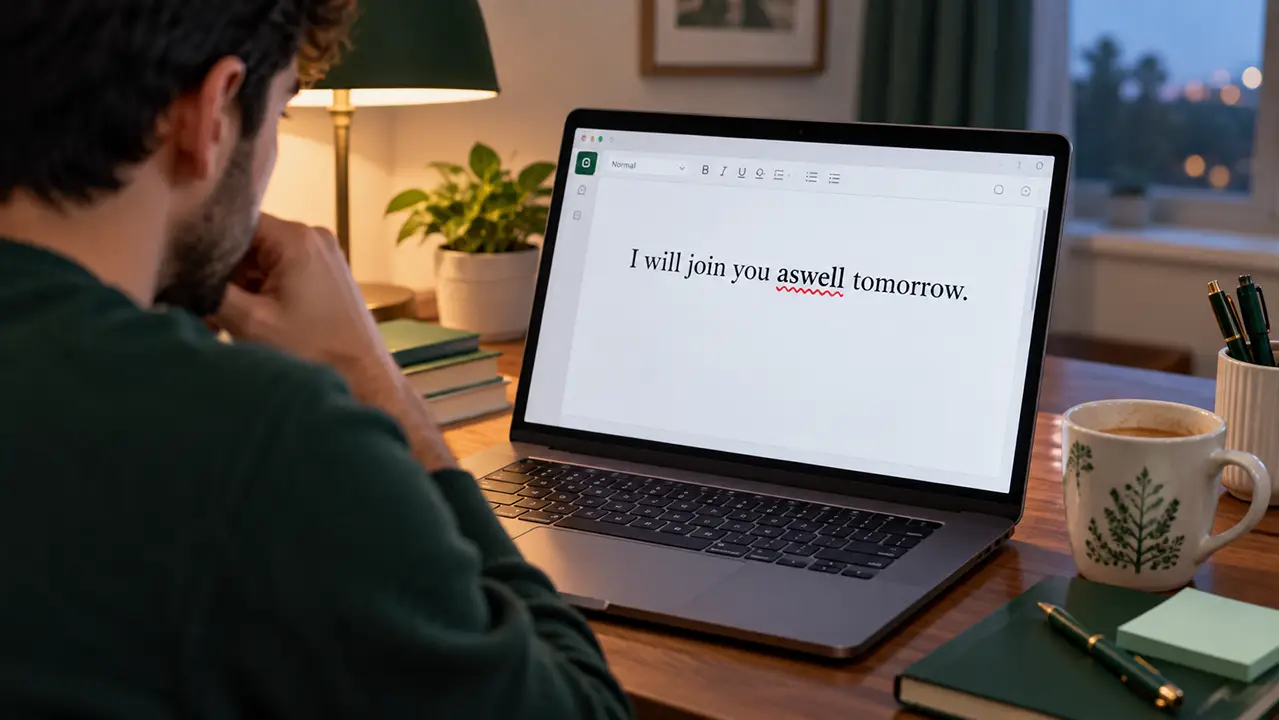 Laptop screen with a red squiggle under the typed word aswell in a late-evening workspace