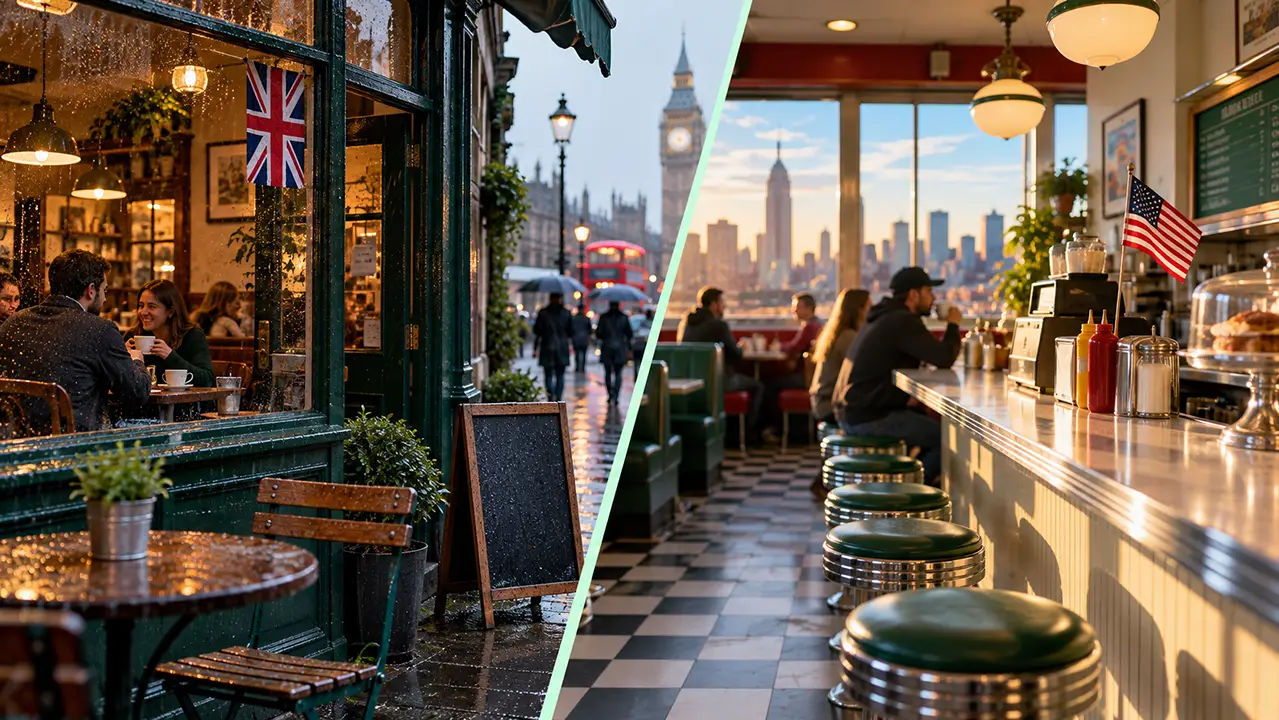 Split photo of a London cafe window on the left and a New York diner counter on the right, each with a small flag