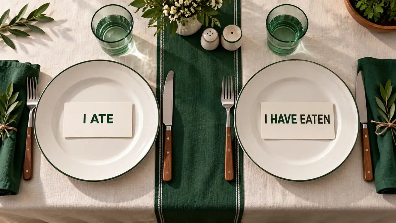 Overhead view of two place settings with place cards reading I ATE and I HAVE EATEN, comparing ate and eaten