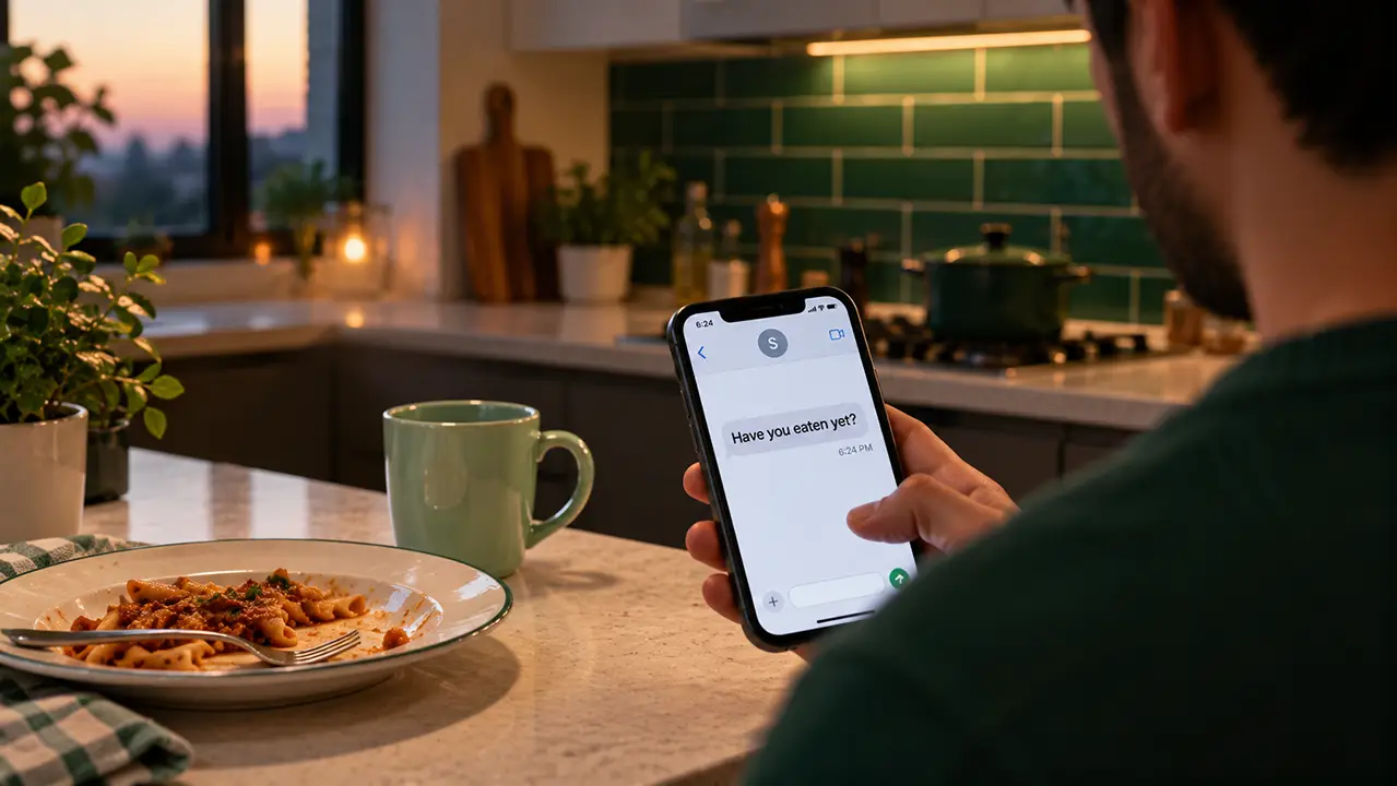 Person at a kitchen counter at dusk typing a message beside a half-eaten plate of pasta, choosing between ate and eaten