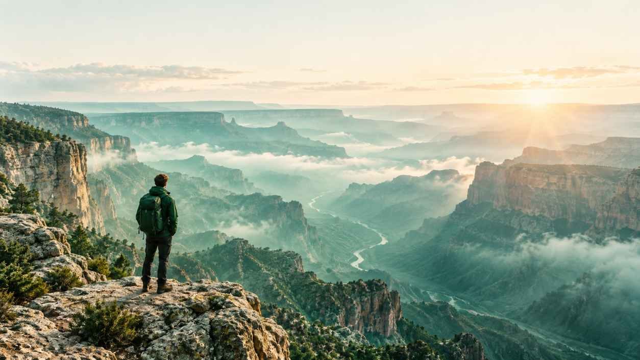 Traveler in a forest green jacket seen from behind, standing small at a canyon rim under a pale misty sky