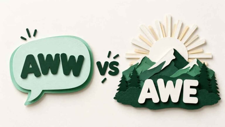Layered paper cut scene with a green speech bubble reading AWW beside a paper cut mountain sunrise reading AWE