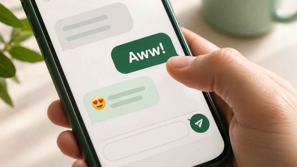 Close-up of a thumb typing on a phone showing a green chat bubble with the word Aww