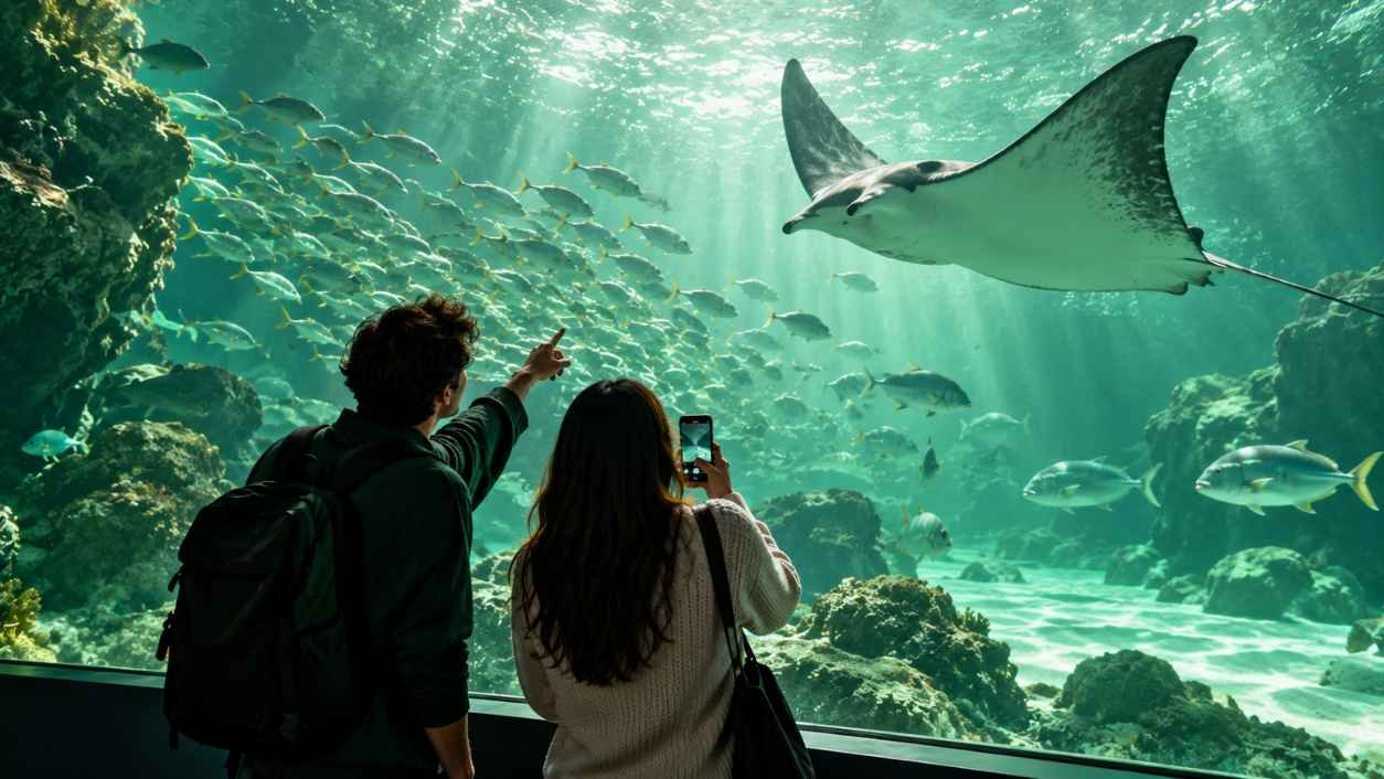 Two friends seen from behind in front of a large green-lit aquarium window with a school of fish and a ray