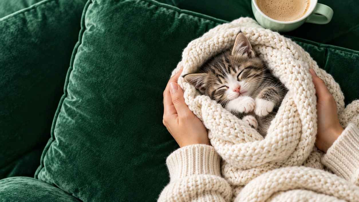 Overhead view of two hands holding a sleeping kitten wrapped in an off-white knit blanket on a green sofa