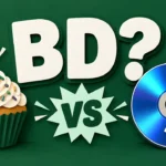 Large white letters BD with a question mark between a birthday cupcake and a Blu-ray disc, split by a VS burst