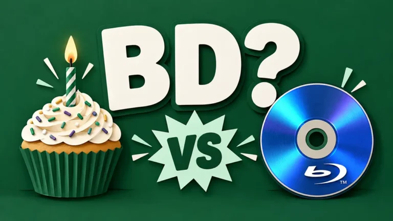 Large white letters BD with a question mark between a birthday cupcake and a Blu-ray disc, split by a VS burst