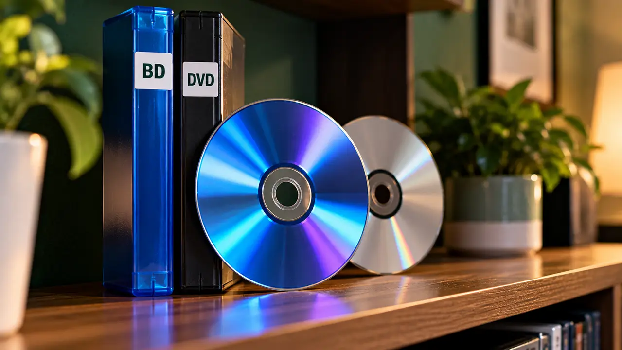 Blu-ray and DVD cases on a shelf, tagged BD and DVD, with a blue-violet disc reflection