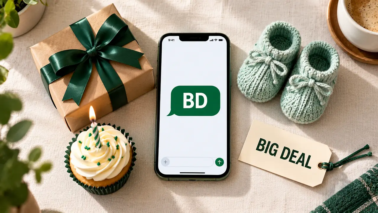 Overhead view of a phone showing the message BD beside a gift box, a baby bootie, and a BIG DEAL tag