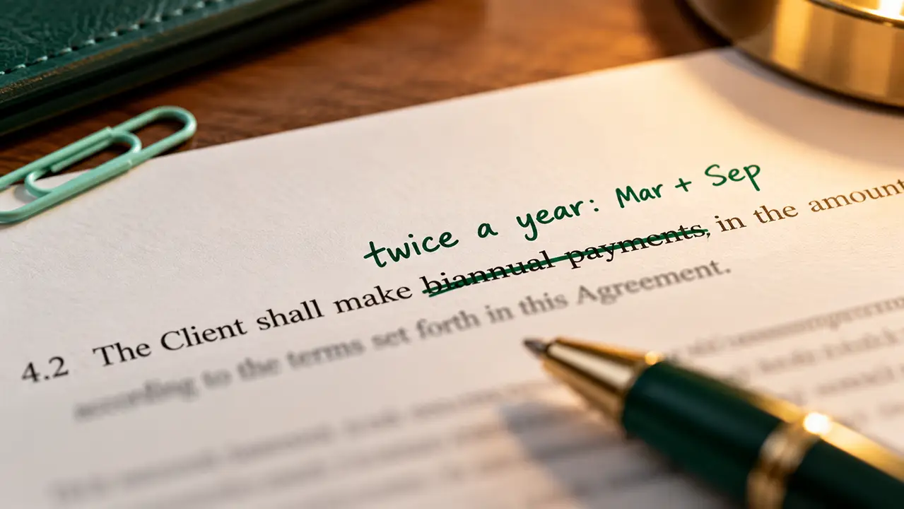 Contract line with biannual payments crossed out and rewritten as twice a year in green ink