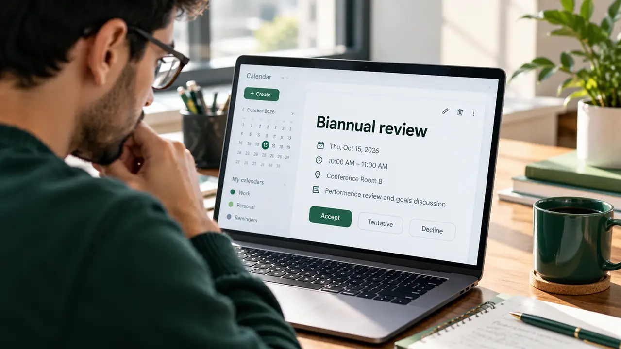 Person frowning at a laptop calendar invite titled Biannual review