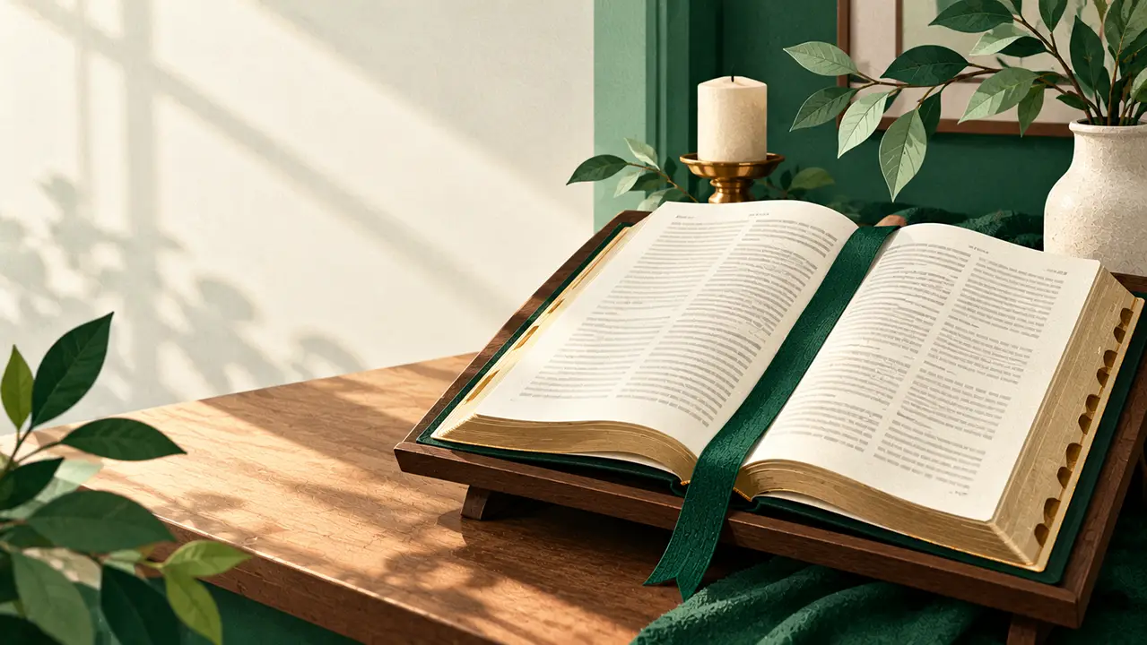 Open Bible with a bookmark on a neutral desk under soft light.