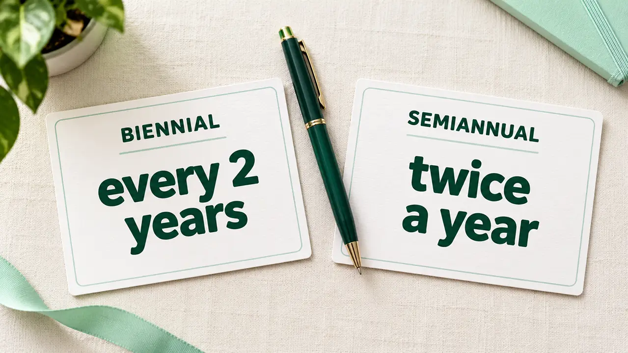 Index cards labeled biennial and semiannual with every 2 years and twice a year written below
