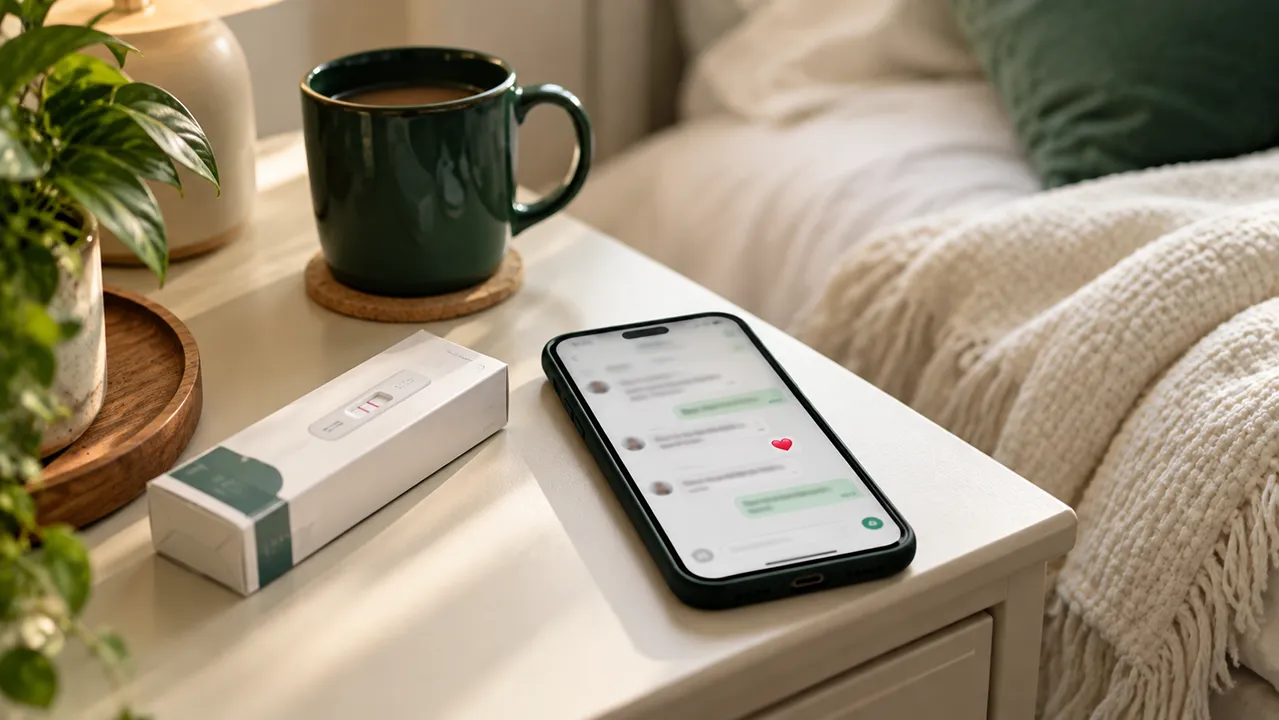 Phone on a bedside table showing a kind message thread next to a sealed pregnancy test box and a green mug