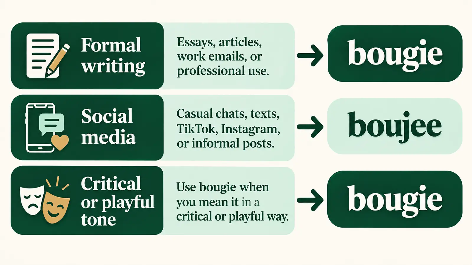 Simple chart showing when to choose bougie or boujee by tone and writing context