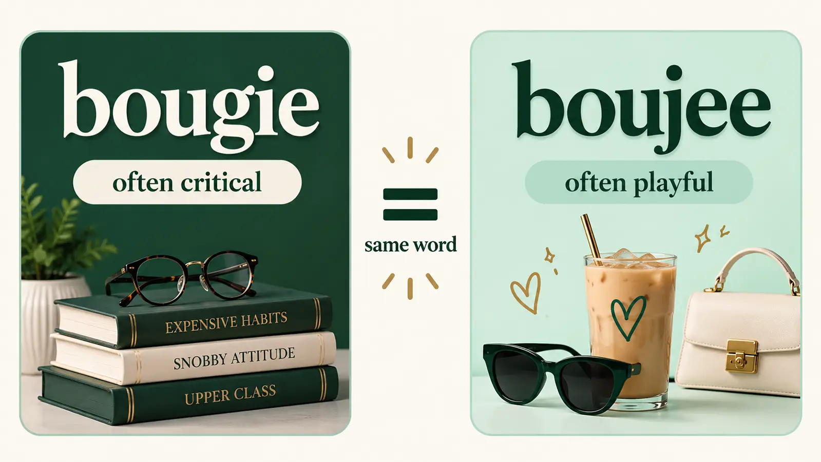 Boujee vs bougie comparison graphic showing both spellings side by side