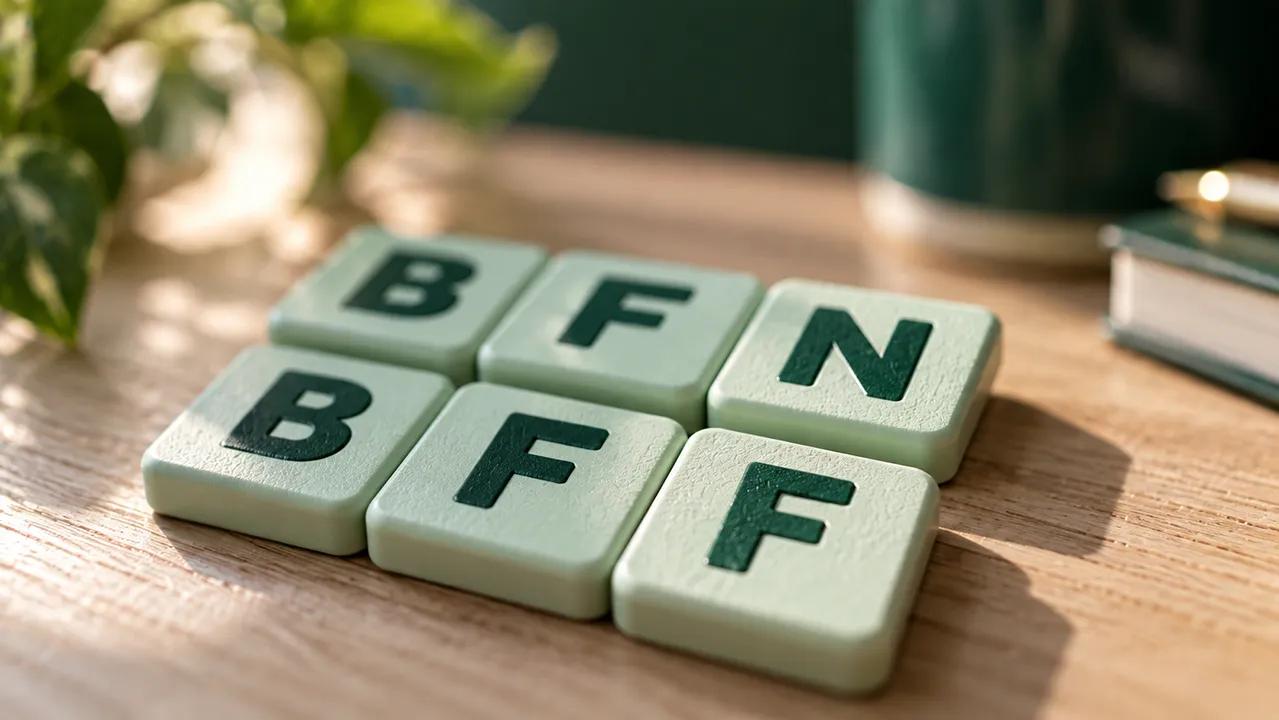 Macro photo of mint letter tiles spelling BFN and BFF side by side on a wooden table