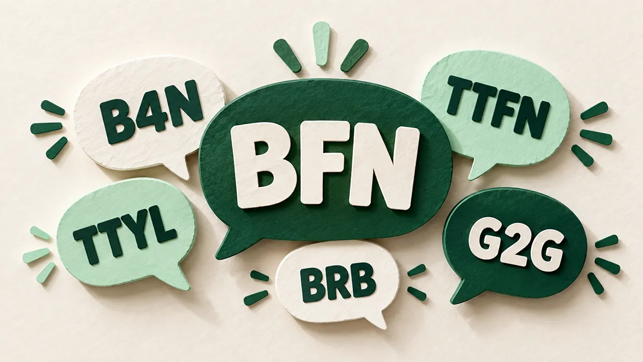 Layered paper-cut speech bubbles in green and mint, each a different size, comparing goodbye chat abbreviations