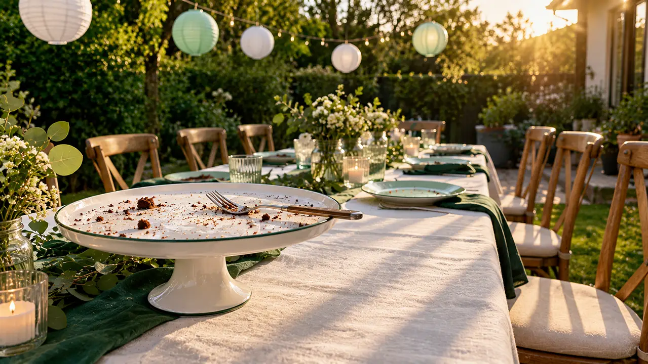 Long outdoor table after a party with a cake stand holding a few crumbs and one fork