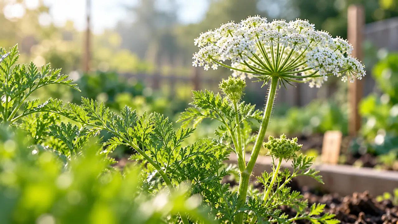 Carrot plant with a white flower cluster in a vegetable garden bed