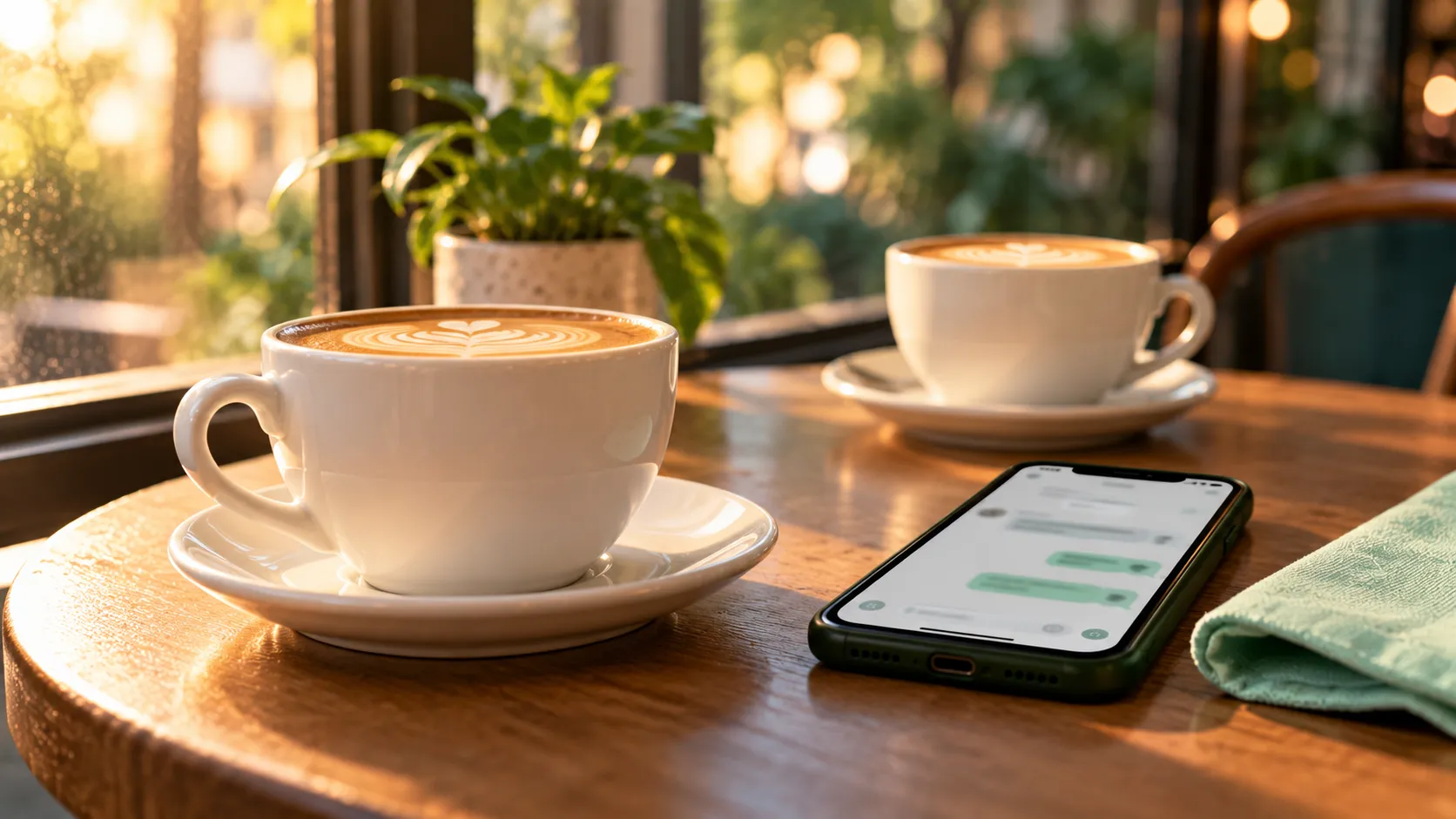 Two coffee cups on a cafe window table with a smartphone glowing softly beside them at golden hour