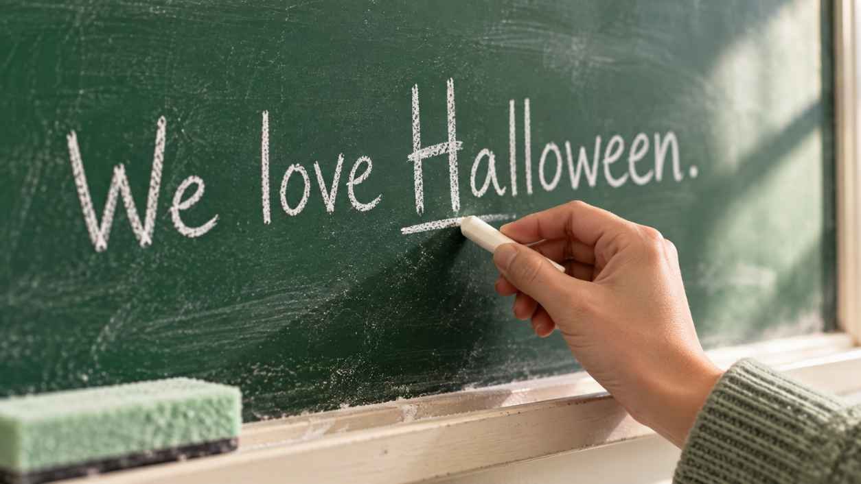 Hand underlining the capital H in the chalkboard sentence We love Halloween on a green classroom chalkboard.