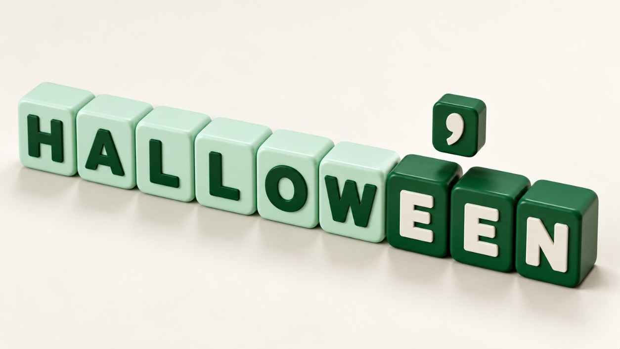 Nine chunky 3D letter blocks spelling Halloween, with the hallow blocks in mint and the een blocks in green.