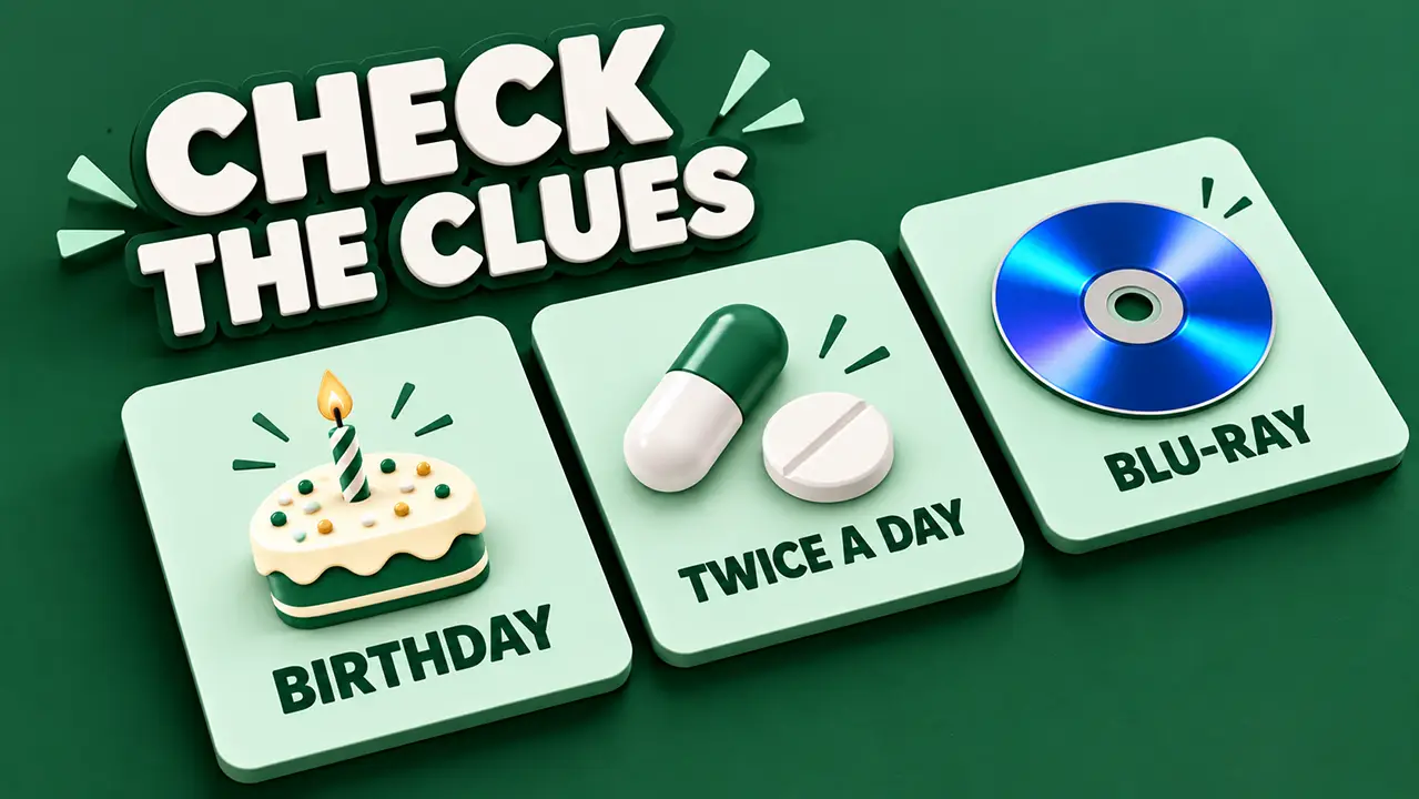 Three mint cards pairing cake, dose, and disc with birthday, twice a day, and Blu-ray