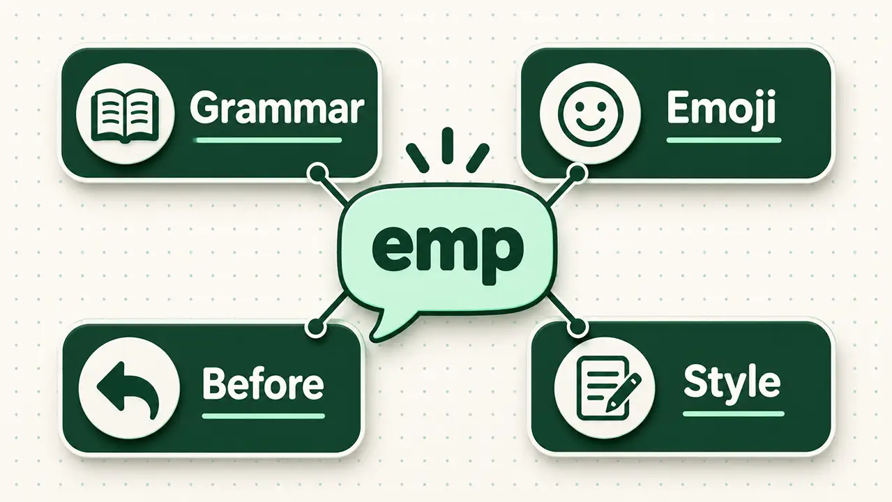 Chat bubble with four labeled clue cards around it: grammar, emoji, before, style