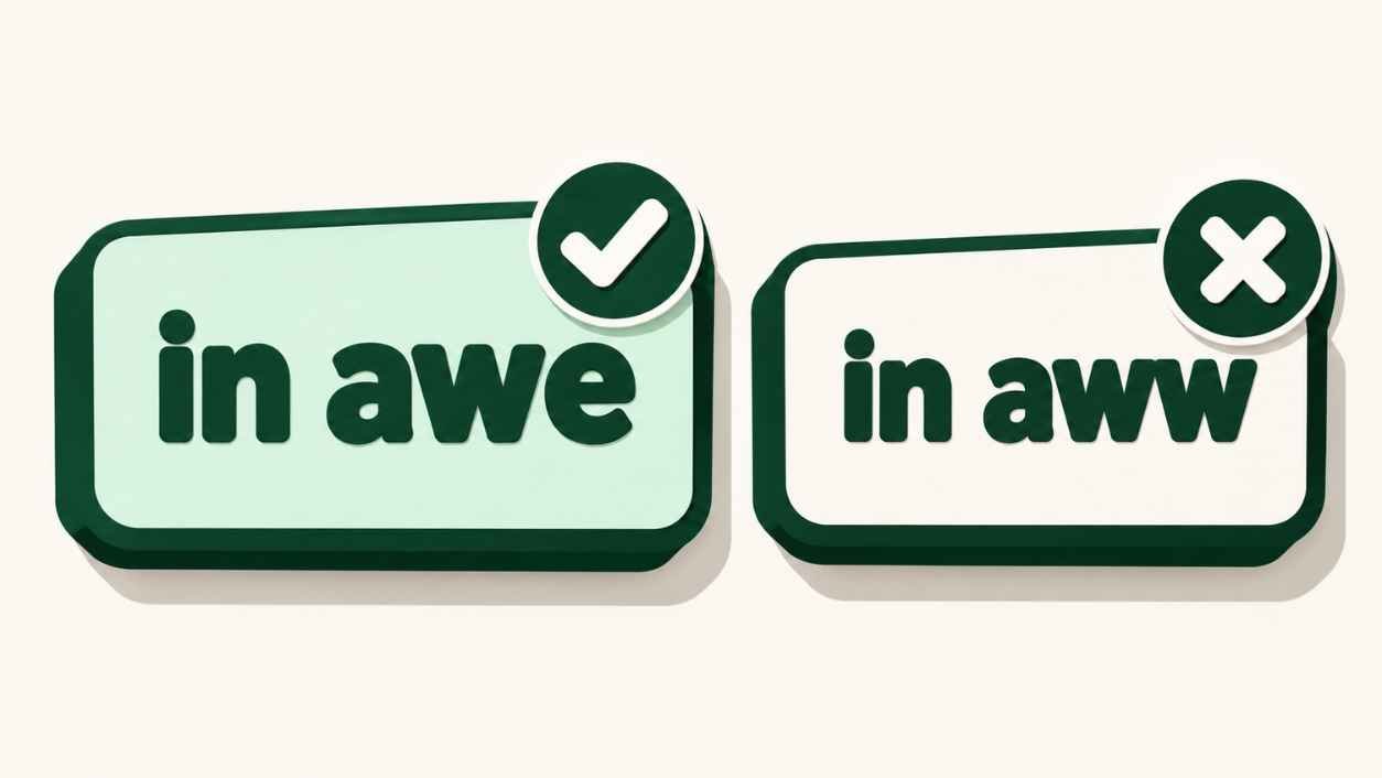 Two bold slab tiles side by side, one reading in awe with a check mark and one reading in aww with a cross