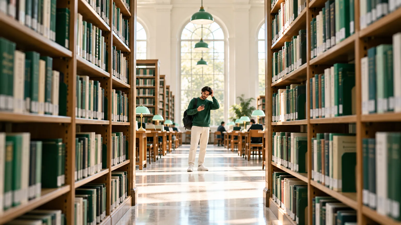 Small figure in a library aisle reading a phone with a tilted head between tall bookshelves