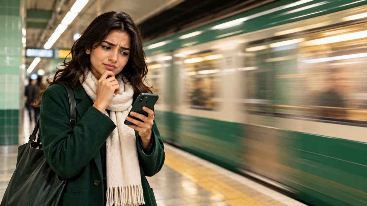 Commuter in a green coat raising an eyebrow at a phone as a subway train blurs behind, a common rd meaning mix-up