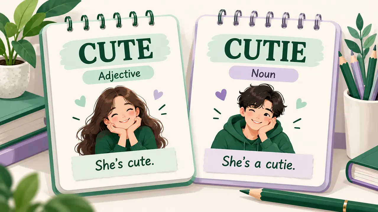 Cute is an adjective while cutie is a noun, illustrated with example sentences.
