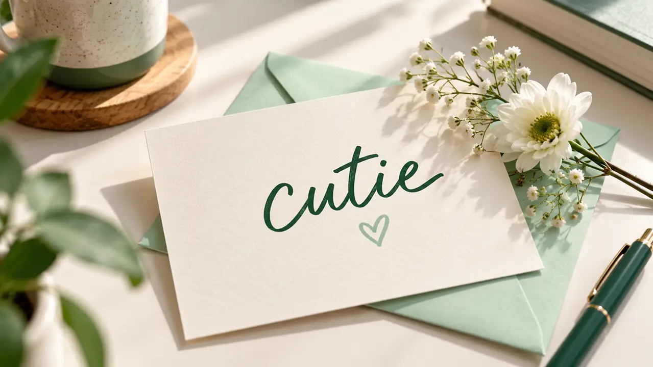 Greeting card with the word cutie handwritten in green ink.