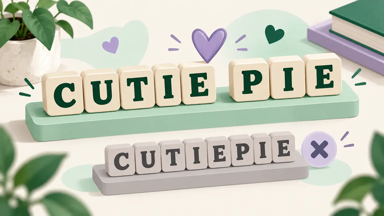 Letter tiles comparing cutie pie as two words with the informal form cutiepie.