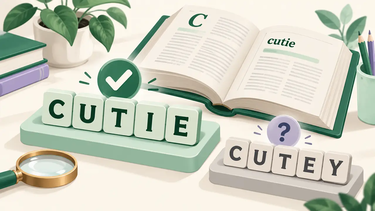 Dictionary and letter tiles comparing cutie with the less common spelling cutey.