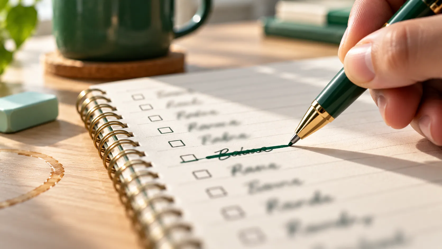 Green pen crossing out one blurred name on a handwritten list on lined notepaper